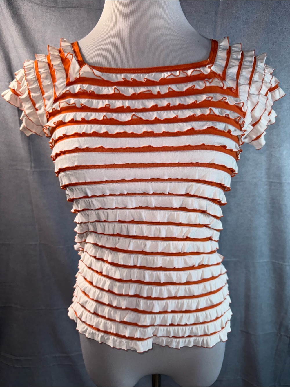 2373-Linea Domani Ruffled Stripe Short-Sleeve Tee - Ivory & Orange